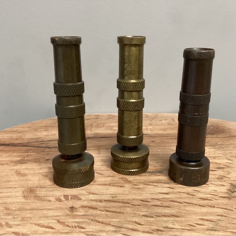 🟡 Vintage Brass Water Hose Nozzles - Set of 3 with 2 marked - Collectible